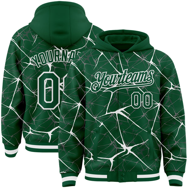 Custom Kelly Green White Abstract Network 3D Pattern Design Bomber Full-Snap Varsity Letterman Hoodie Jacket