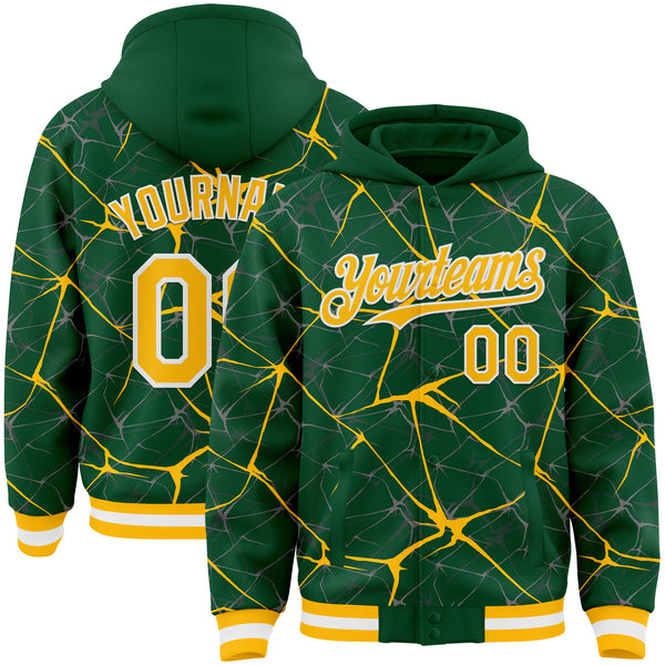 Custom Kelly Green Gold-White Abstract Network 3D Pattern Design Bomber Full-Snap Varsity Letterman Hoodie Jacket