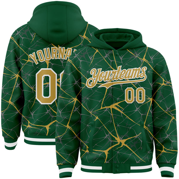 Custom Kelly Green Old Gold-White Abstract Network 3D Pattern Design Bomber Full-Snap Varsity Letterman Hoodie Jacket