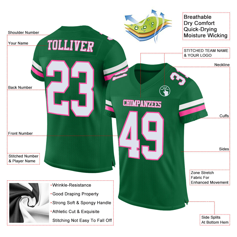 Custom Kelly Green White-Pink Mesh Authentic Football Jersey