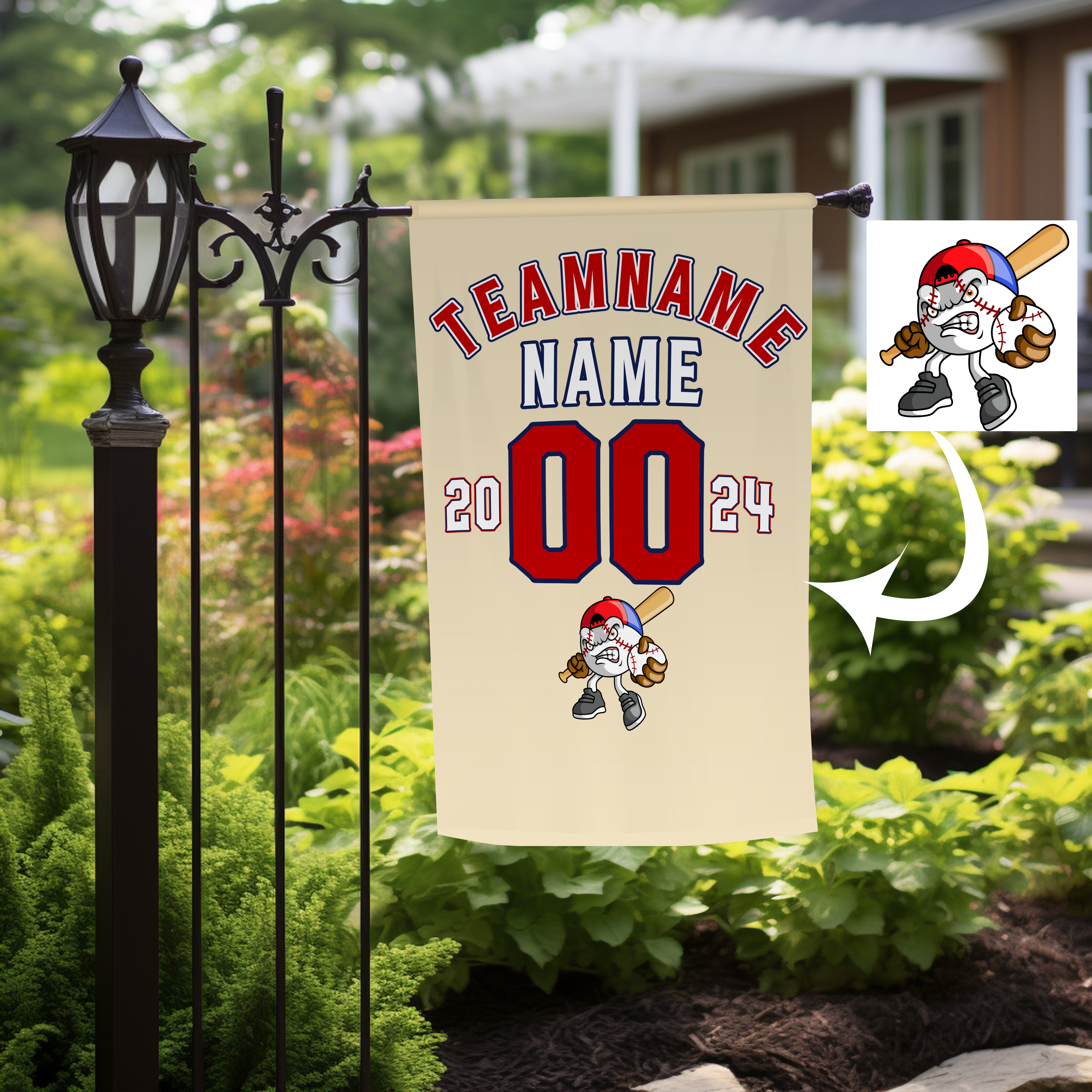 Personalized Khaki Red White Baseball Team Name Garden Flag