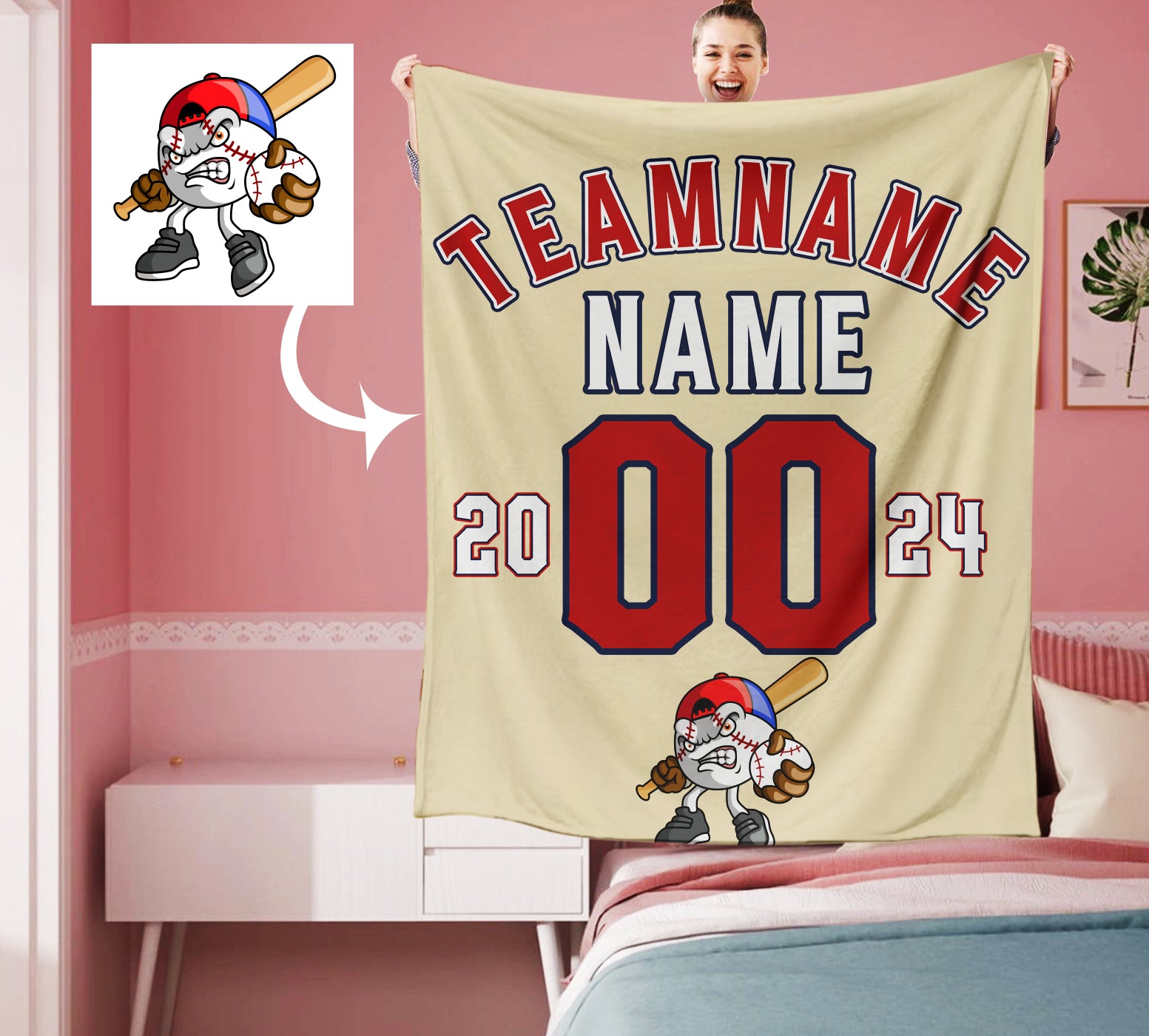 Personalized Khaki Red White Baseball Team Logo Sports Blanket