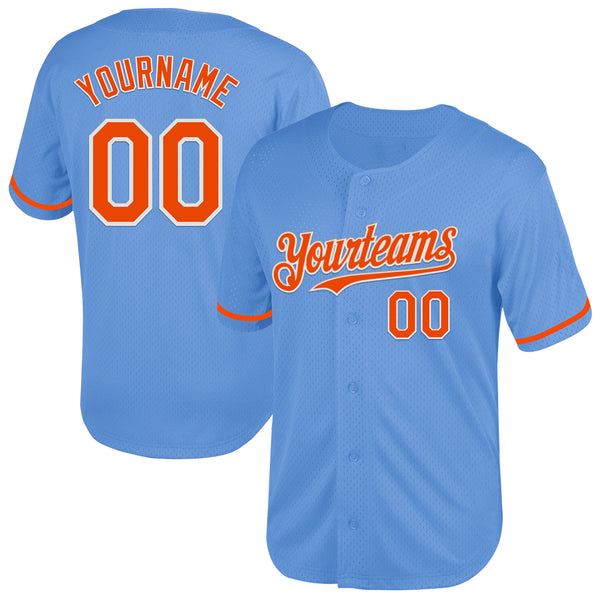 Custom Light Blue Orange-White Mesh Authentic Throwback Baseball Jersey