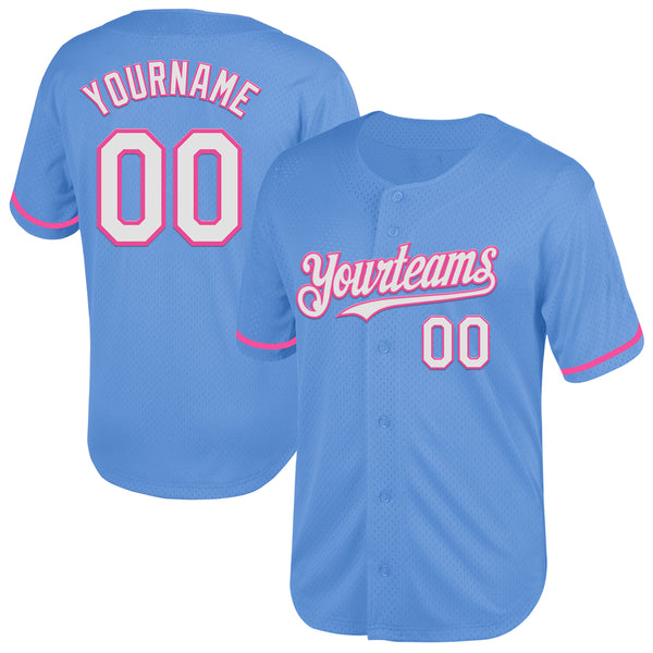 Custom Light Blue White-Pink Mesh Authentic Throwback Baseball Jersey