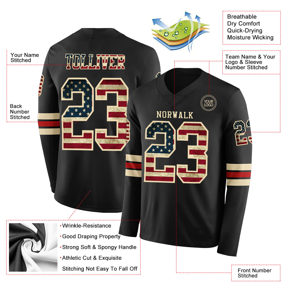 Custom Black Vintage USA Flag Cream-Red Long Sleeve Authentic Football Jersey