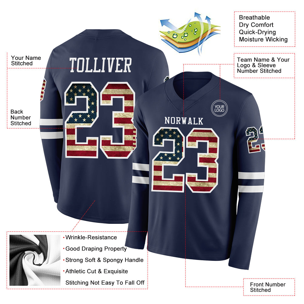 Custom Navy Vintage USA Flag-White Long Sleeve Authentic Football Jersey