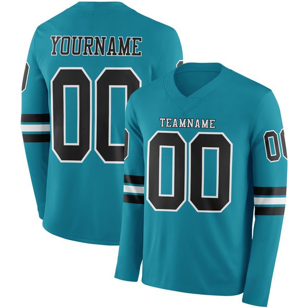 Custom Teal Black-White Long Sleeve Authentic Football Jersey