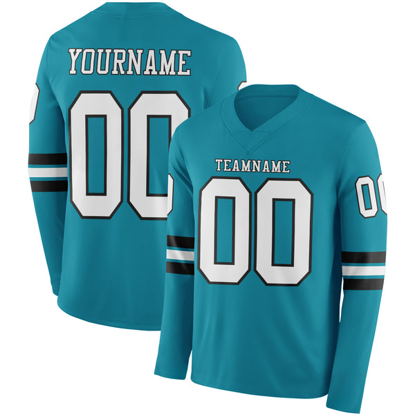 Custom Teal White-Black Long Sleeve Authentic Football Jersey
