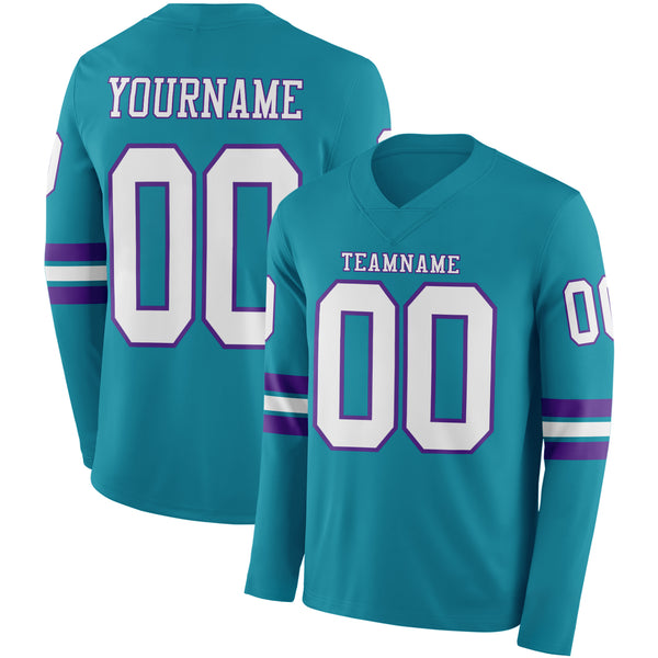 Custom Teal White-Purple Long Sleeve Authentic Football Jersey