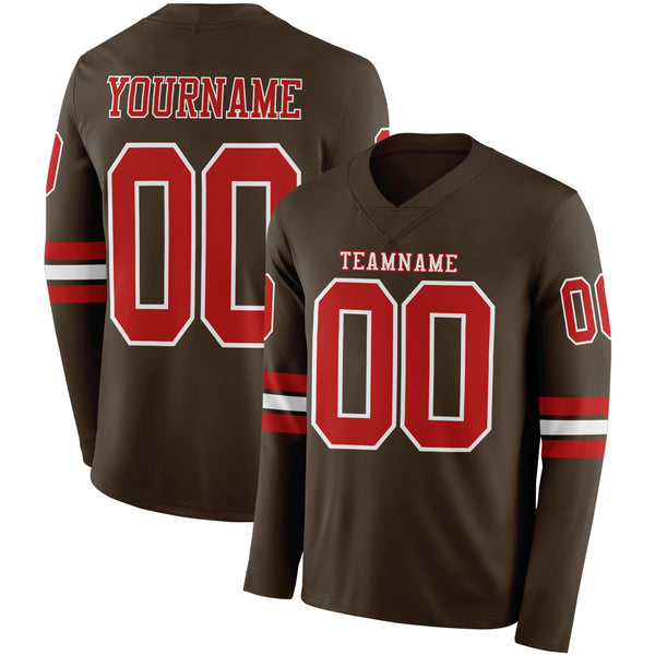 Custom Brwon Red-White Long Sleeve Authentic Football Jersey