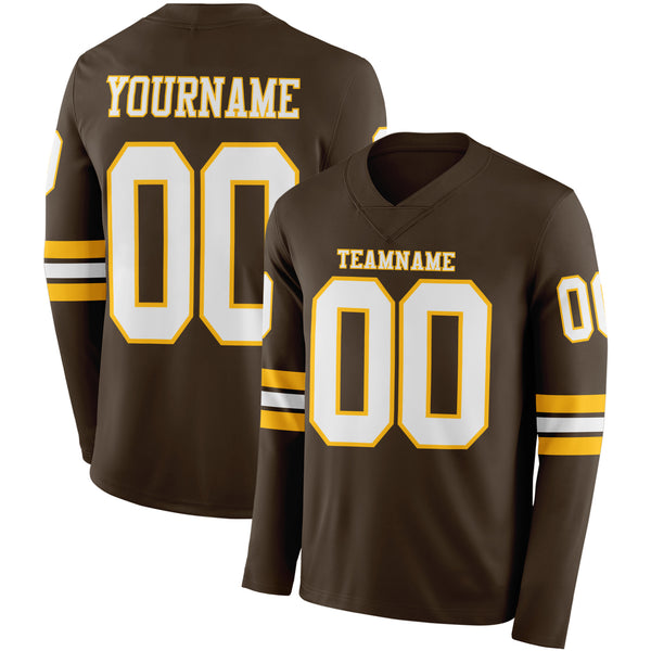 Custom Brwon White-Gold Long Sleeve Authentic Football Jersey