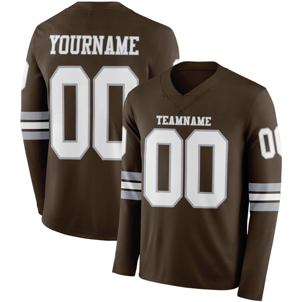Custom Brwon White-Gray Long Sleeve Authentic Football Jersey