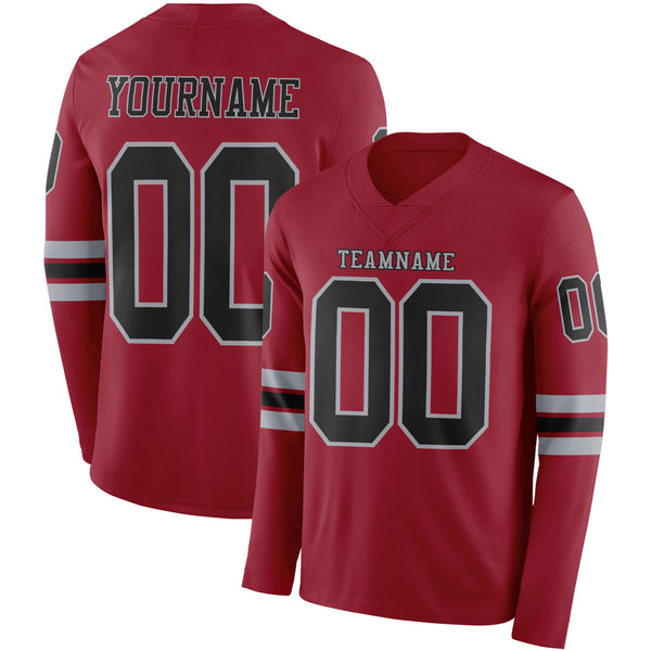 Custom Cardinal Black-Gray Long Sleeve Authentic Football Jersey