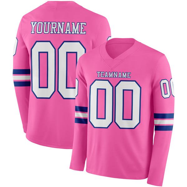 Custom Pink White-Royal Long Sleeve Authentic Football Jersey