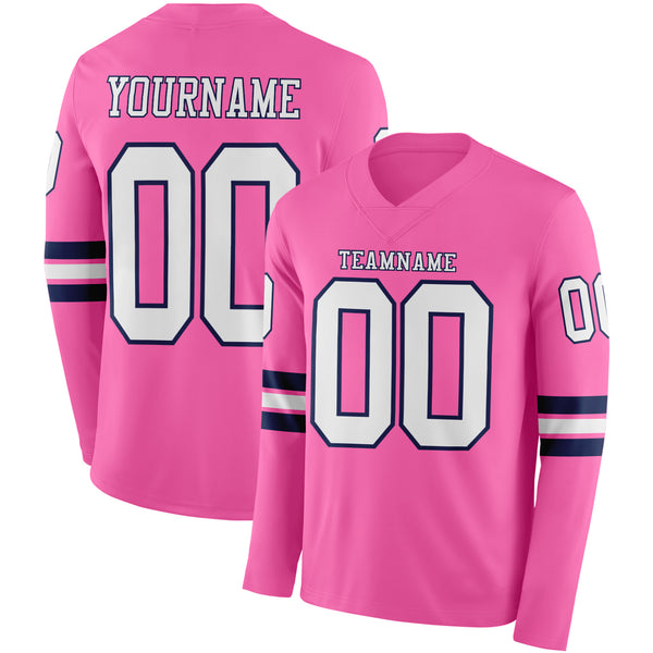 Custom Pink White-Navy Long Sleeve Authentic Football Jersey