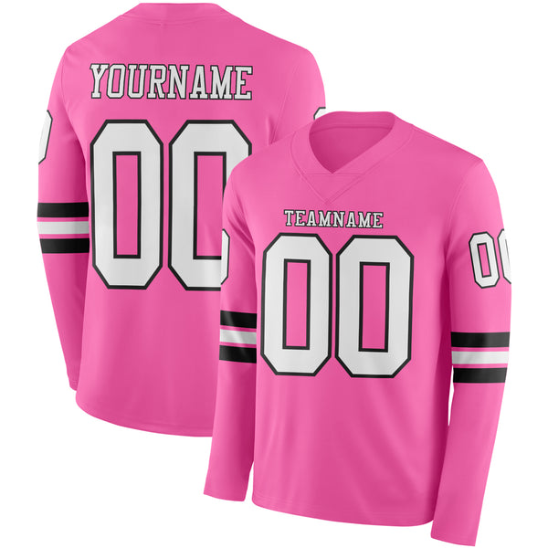 Custom Pink White-Black Long Sleeve Authentic Football Jersey