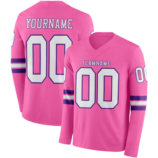 Custom Pink White-Purple Long Sleeve Authentic Football Jersey
