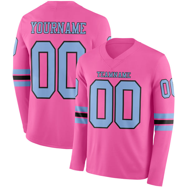 Custom Pink Light Blue-Black Long Sleeve Authentic Football Jersey