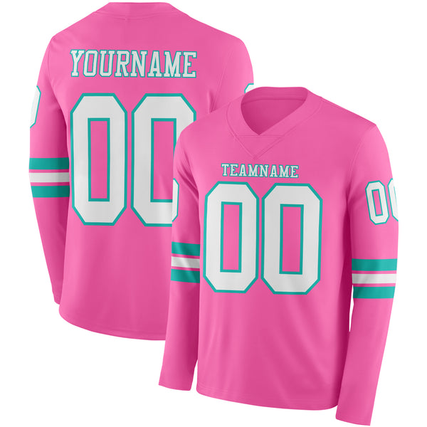 Custom Pink White-Aqua Long Sleeve Authentic Football Jersey