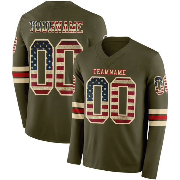 Custom Olive Vintage USA Flag Cream-Red Long Sleeve Salute To Service Authentic Football Jersey