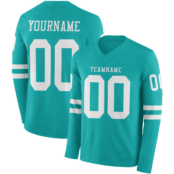 Custom Aqua White Long Sleeve Authentic Football Jersey