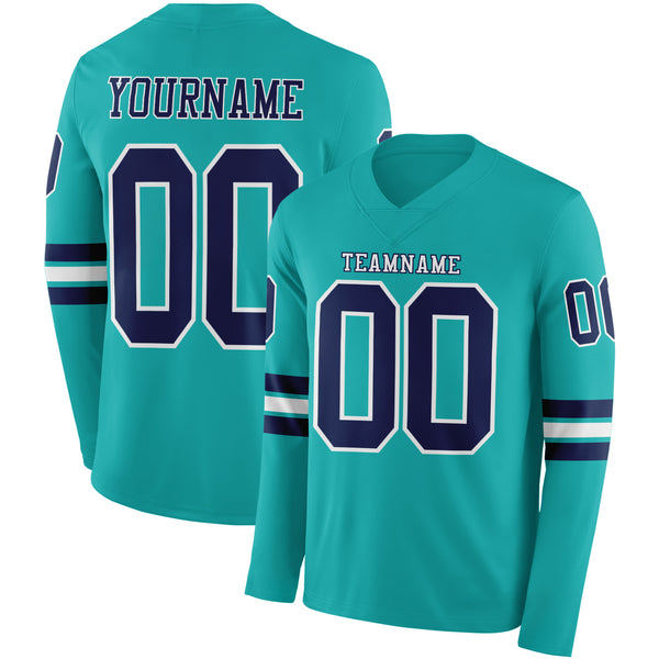 Custom Aqua Navy-White Long Sleeve Authentic Football Jersey