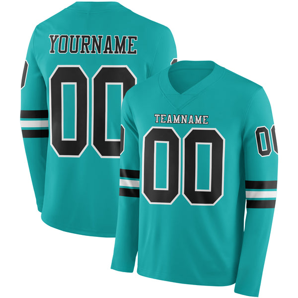 Custom Aqua Black-White Long Sleeve Authentic Football Jersey