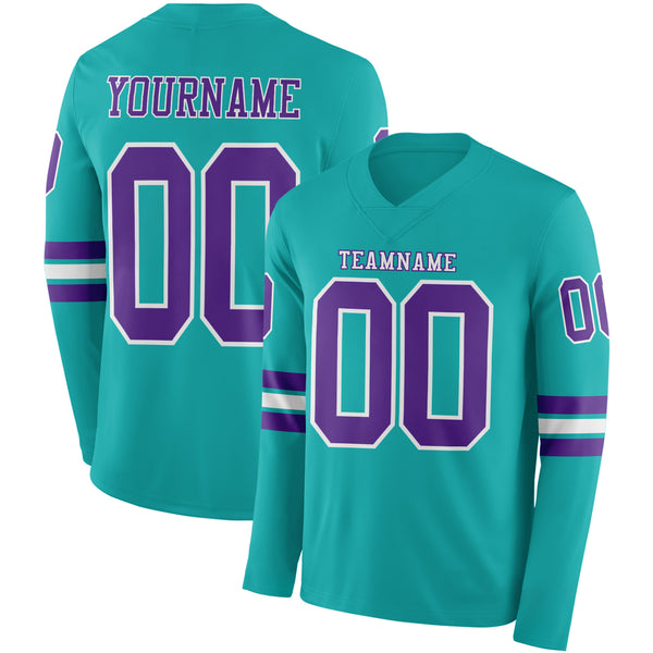 Custom Aqua Purple-White Long Sleeve Authentic Football Jersey