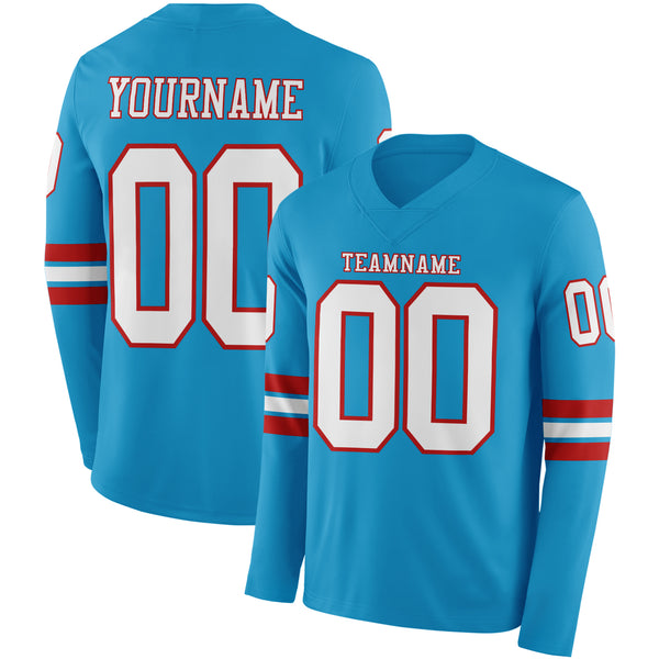 Custom Panther Blue White-Red Long Sleeve Authentic Football Jersey