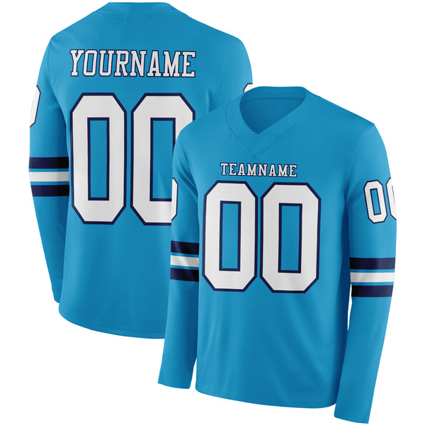 Custom Panther Blue White-Navy Long Sleeve Authentic Football Jersey