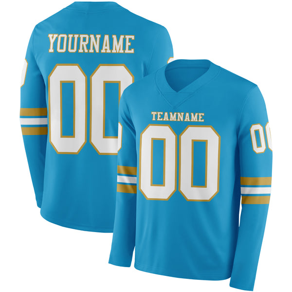 Custom Panther Blue White-Old Gold Long Sleeve Authentic Football Jersey