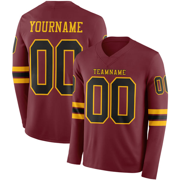 Custom Burgundy Black-Gold Long Sleeve Authentic Football Jersey