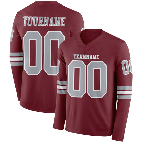 Custom Burgundy Gray-White Long Sleeve Authentic Football Jersey