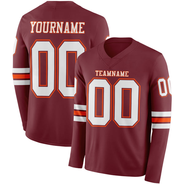 Custom Burgundy White-Orange Long Sleeve Authentic Football Jersey