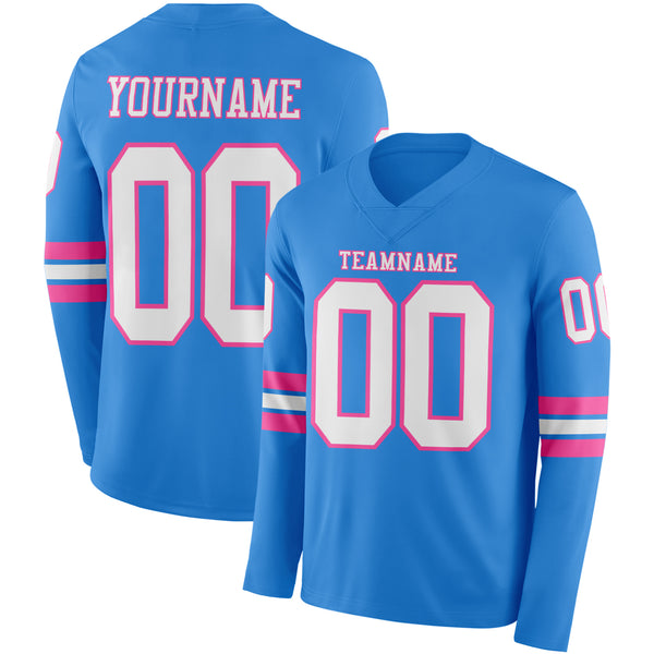 Custom Powder Blue White-Pink Long Sleeve Authentic Football Jersey