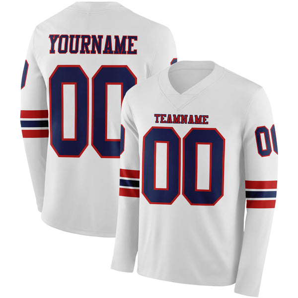 Custom White Navy-Red Long Sleeve Authentic Football Jersey