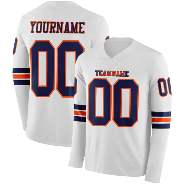 Custom White Navy-Orange Long Sleeve Authentic Football Jersey