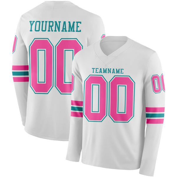 Custom White Pink-Teal Long Sleeve Authentic Football Jersey
