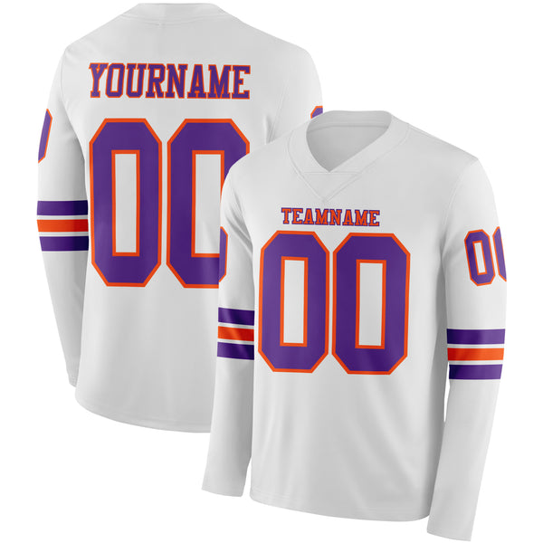 Custom White Purple-Orange Long Sleeve Authentic Football Jersey