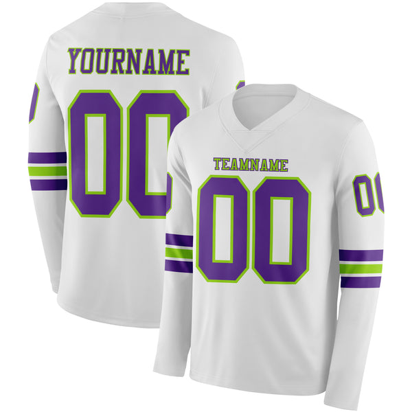 Custom White Purple-Neon Green Long Sleeve Authentic Football Jersey