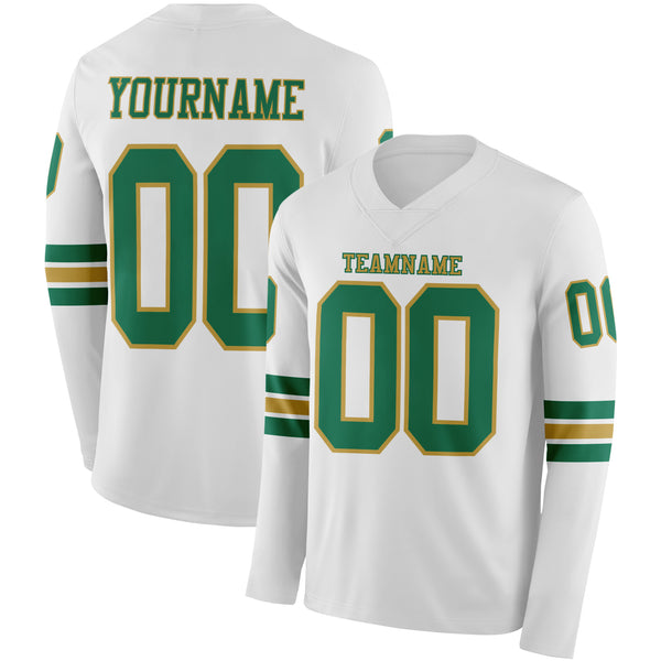 Custom White Kelly Green-Old Gold Long Sleeve Authentic Football Jersey