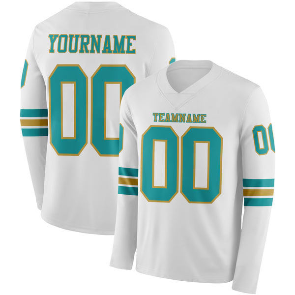 Custom White Teal-Old Gold Long Sleeve Authentic Football Jersey