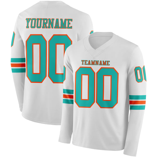 Custom White Aqua-Orange Long Sleeve Authentic Football Jersey