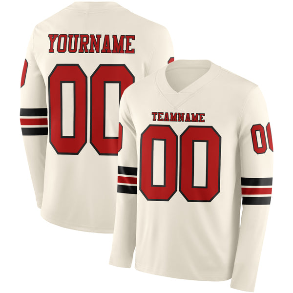Custom Cream Red-Black Long Sleeve Authentic Football Jersey