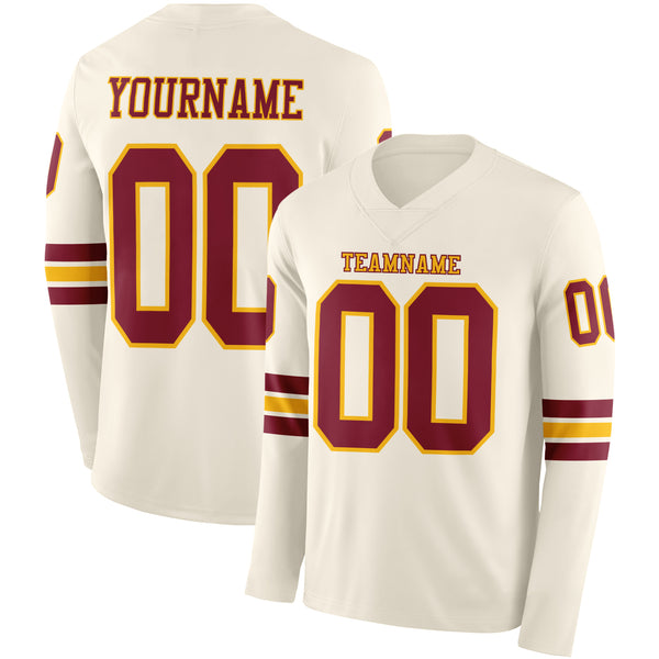 Custom Cream Crimson-Gold Long Sleeve Authentic Football Jersey