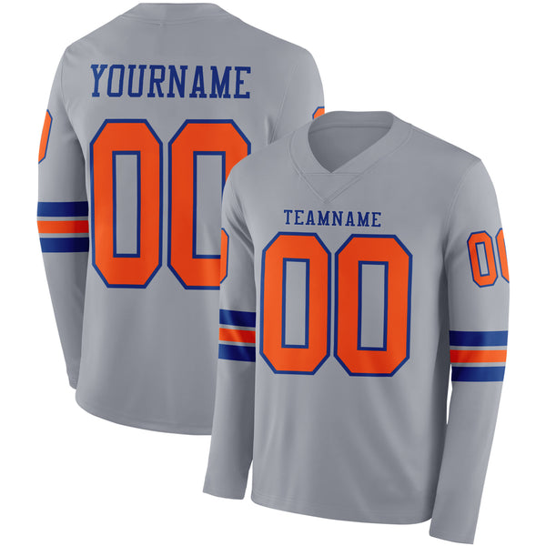 Custom Gray Orange-Royal Long Sleeve Authentic Football Jersey