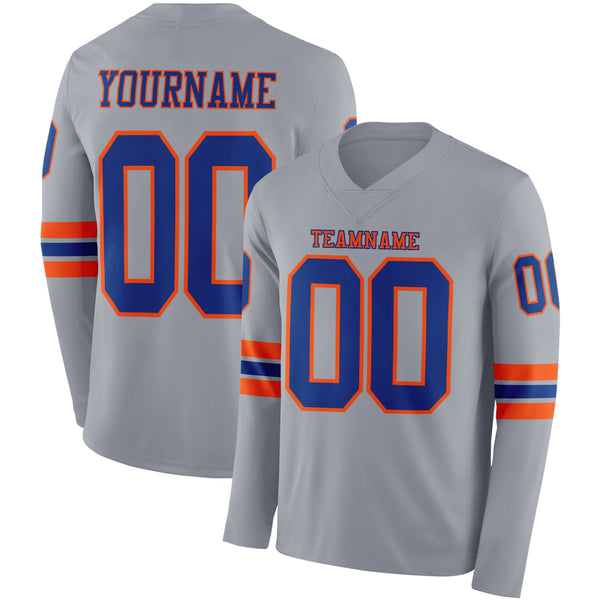 Custom Gray Royal-Orange Long Sleeve Authentic Football Jersey