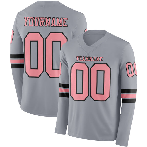Custom Gray Medium Pink-Black Long Sleeve Authentic Football Jersey