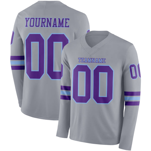 Custom Gray Purple-Light Blue Long Sleeve Authentic Football Jersey