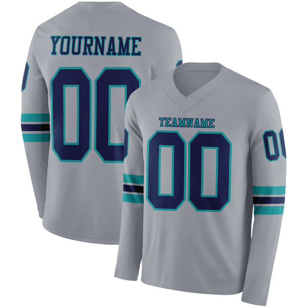 Custom Gray Navy-Teal Long Sleeve Authentic Football Jersey